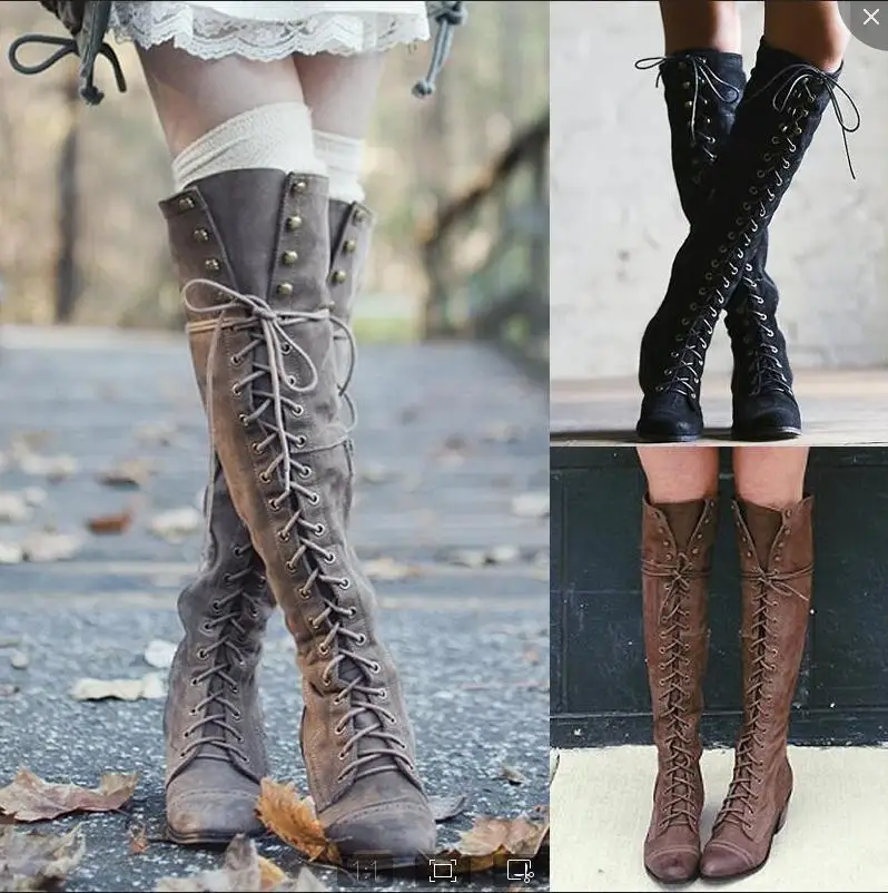 

Women's Light Khaki Suede Lace-Up Over-The-Knee Boots Round Toe Low Heel Gothic Boots Vintage Boho Daily Autumn Winter Footwear