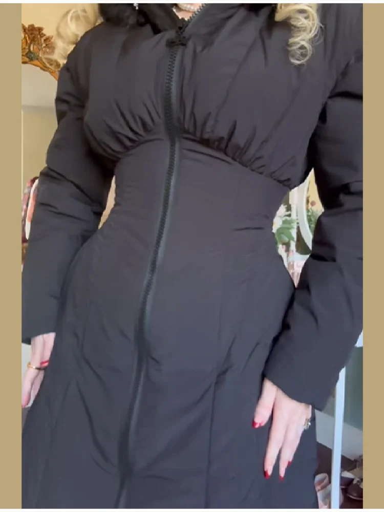 2025 بلون طويل القطن سترة أنيقة تحمل شعار لعبة البيسبول شيك ألف خط Cinched الخصر فستان دافئ الخريف الشتاء خمر حفلة المرأة ملابس خارجية