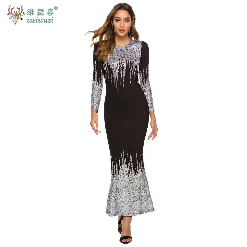 클래식 럭셔리 핫 스탬핑 프린팅 기술 가을 및 겨울 긴 소매 슬림 머메이드 및 발목 길이 이브닝 드레스