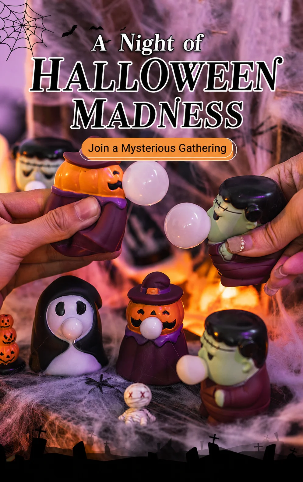 3PCS Halloween Bubble Blowing Squeeze Toys, Pumpkin Ghost Frankenstein Squishy Fidget Stress Relief Party Favors Kids Gifts