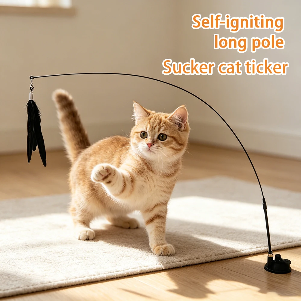Powerful Suction Cup Cat Teasing Stick Cat Toys Detachable Feather Bell Teaser Wand Bite Resistant Relieve Boredom Fun Cat Toys