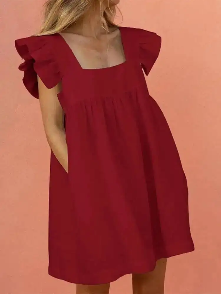 Minivestido con volantes para mujer, Vestidos bonitos con cuello cuadrado y bolsillos, Vestidos elegantes con manga de mariposa para fiesta en la playa, Vestidos femeninos ZU4Y