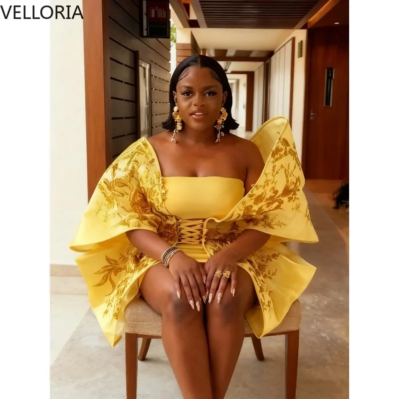 African Black Girl Yellow Strapless Short Ball Gown Printed Bow Detail Satin Evening Dress Party Cocktail Club Dress Customized