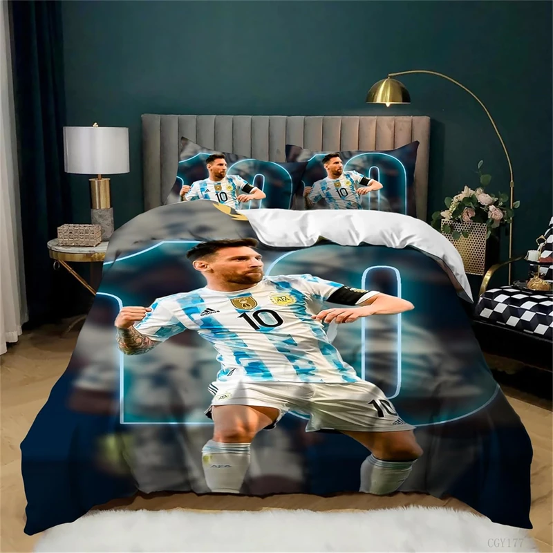 Teen Boys Lionel Messi Bedding Set 3 Pieces Soccer Star Duvet Cover Set Soft and Breathable Comforter Cover Zipper