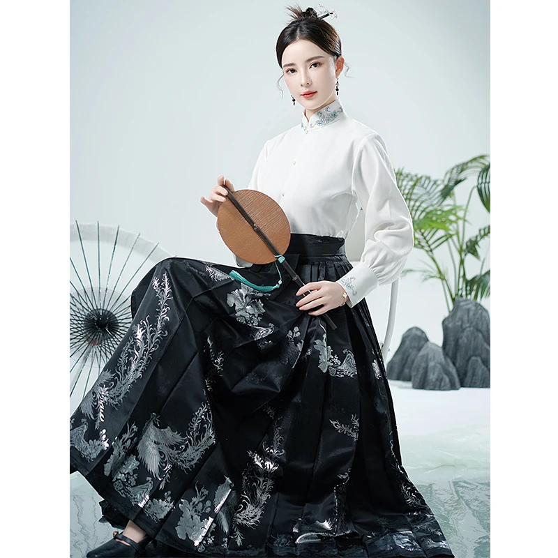 Hanfu Damespakken Chinese Kleding Geborduurde Paardengezichtrok Met Lange Mouwen Opstaande Kraag Shirt Tweedelige Set