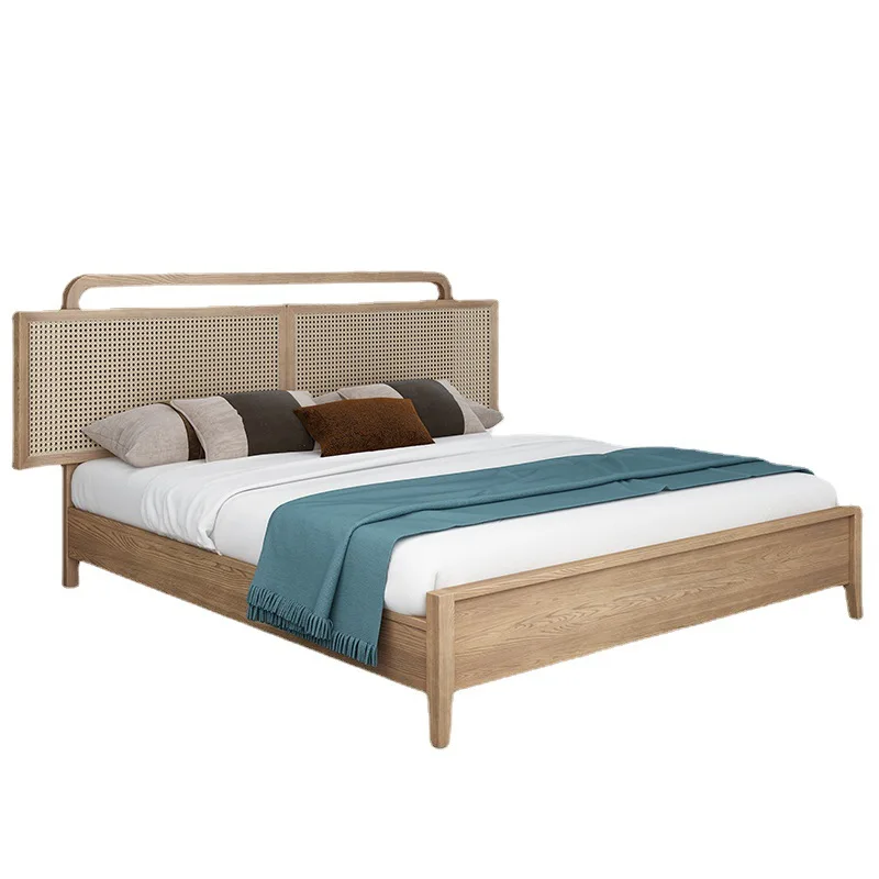 Solid wood bed, large bed rattan bed, ash wood style, simple master bed