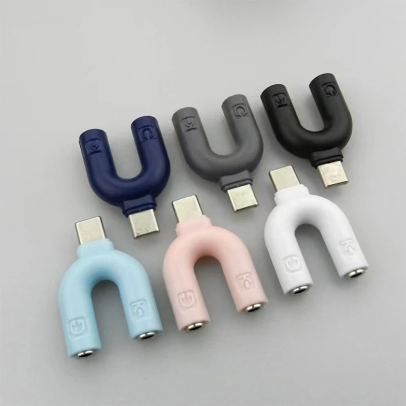 B0KF Portable 3.5mm Headsets Adapter Sensitivity Type C to 3.5mm Headphones Y Splitter Supports Double Earphone Connection