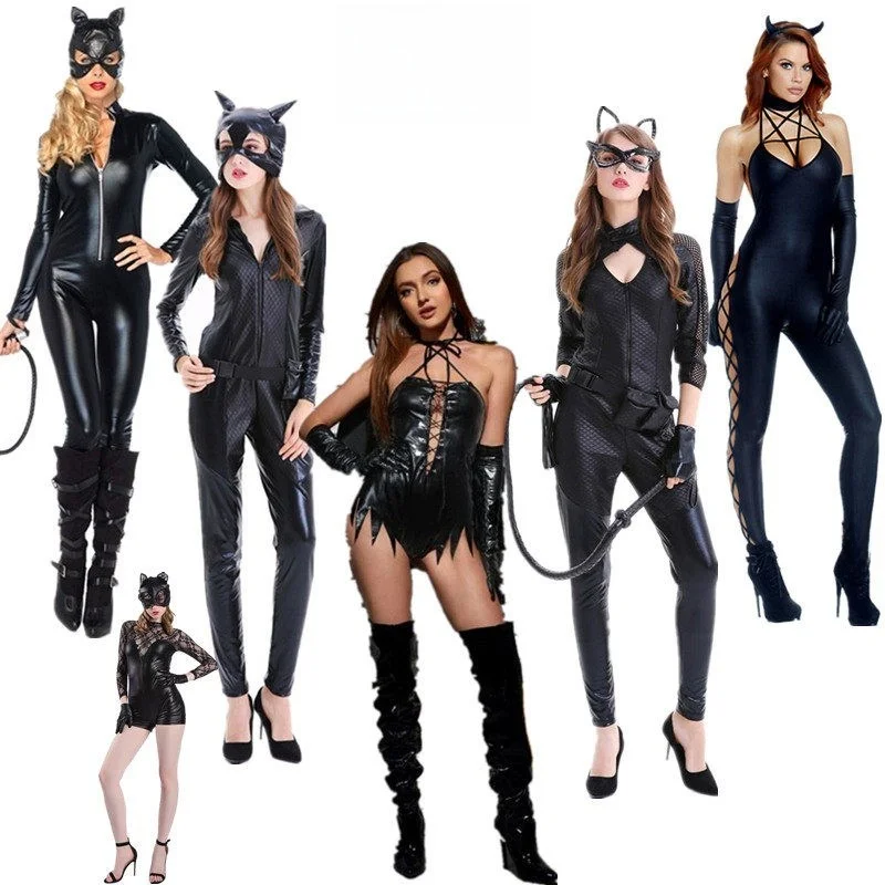 

Wild Women's Costume Halloween Sexy Black Party Performance Suit Painted Leather Jumpsuit Girl Cosplay Outfit