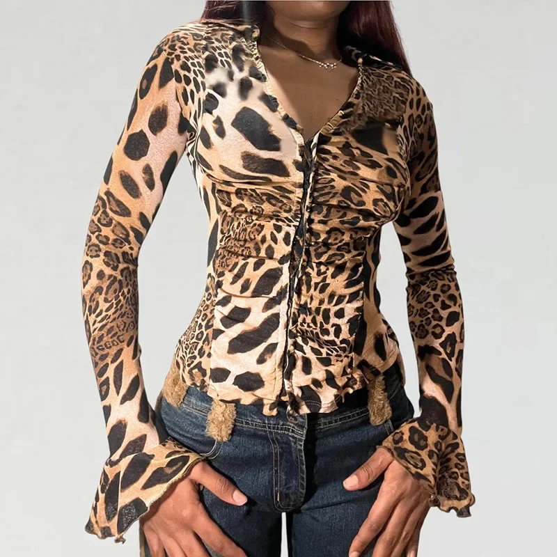 

Spring Fashion Leopard Print Long Sleeve Women Shirt 2025 New Sexy V-neck Ruched Blouses Chic Single Breasted Slim Shirts