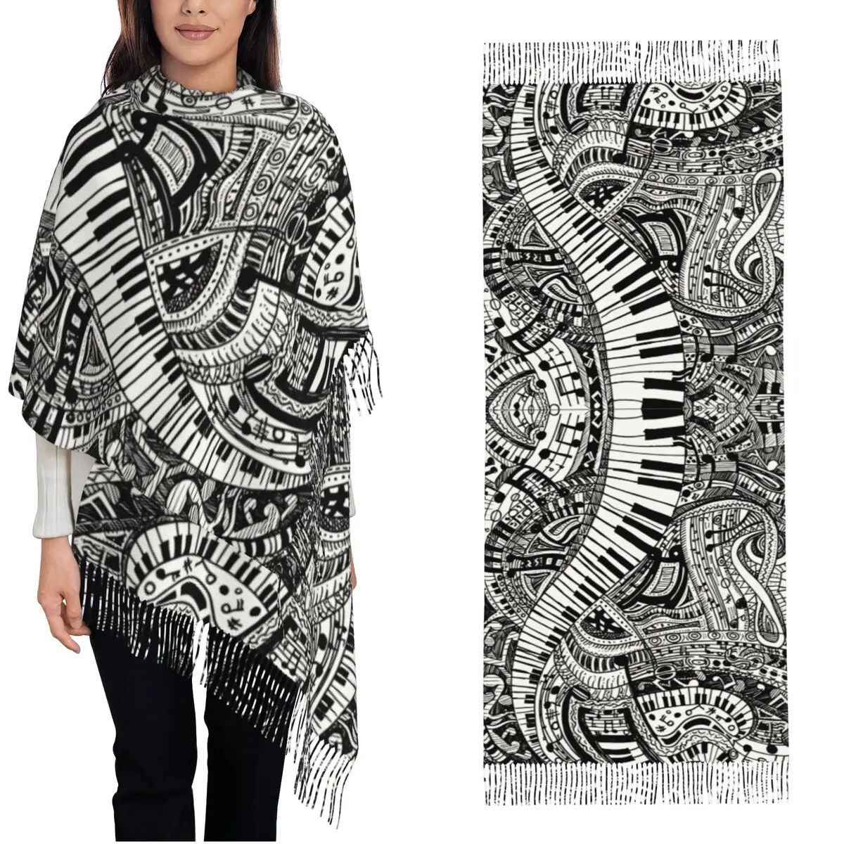 

Классическая музыка Doodle Nocturne от Шопен, шаль для фортепиано, шаль для женщин, теплый длинный мягкий шарф, шарфы с кисточками, пашмины