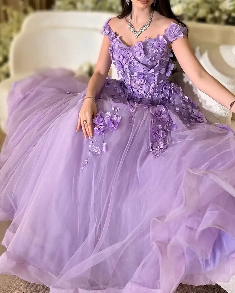 L & P DQL Studio robes de bal lavande robe de soirée épaules dénudées à lacets dos plis Tulle avec appliques perles robe de soirée