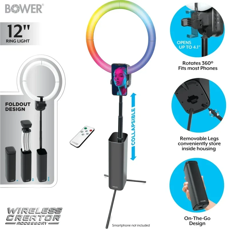 Bower wireless creator 12 pollici pieghevole RGB LED ring light, nero