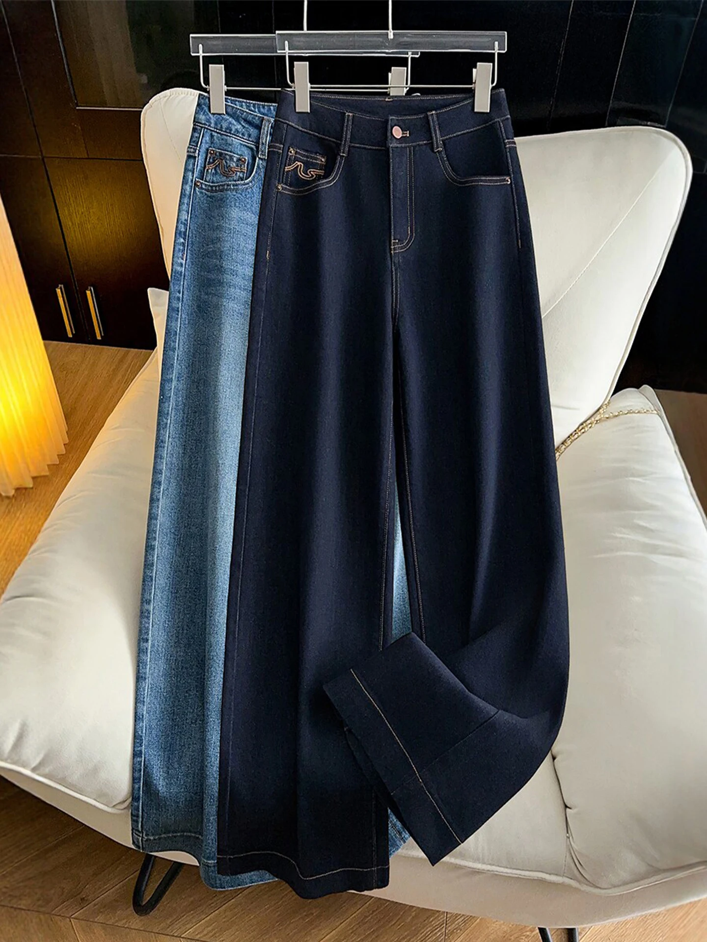 

Ретро джинсы с высокой талией, широкими штанинами и вышивкой, облегающие, женские, весна-осень, новый стиль, свободные прямые джинсовые брюки