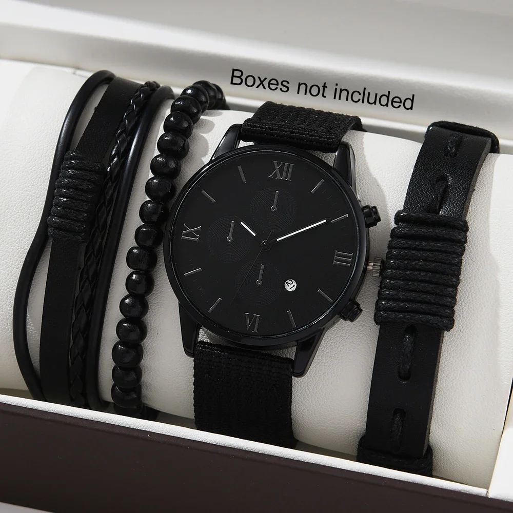 

New Men's Watch Luxury Bracelet Set Multi Pieces Fashion Business Black Leather Quartz Watch Gift Box for Men Reno Masculino