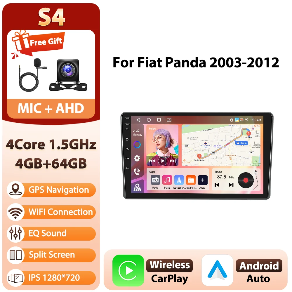 Podofo Android 9 inch 8-core 8+128GB autoradio voor Fiat Panda 2003-2012 met 4G WIFI, multimediaspeler, GPS, AM/FM/RDS