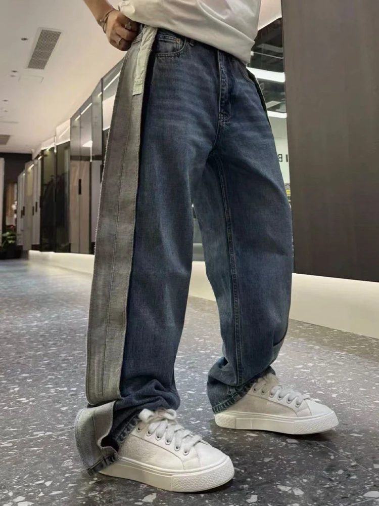 

Мужские джинсы в стиле ретро с пэчворком, весенний тренд, свободные прямые брюки, винтажные повседневные длинные брюки, молодежные американские свободные брюки в стиле кэжуал