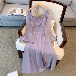 Plus-size women's summer casual commute loose and comfortable dress Purple flared sleeves slit lined long sleeves long dress big