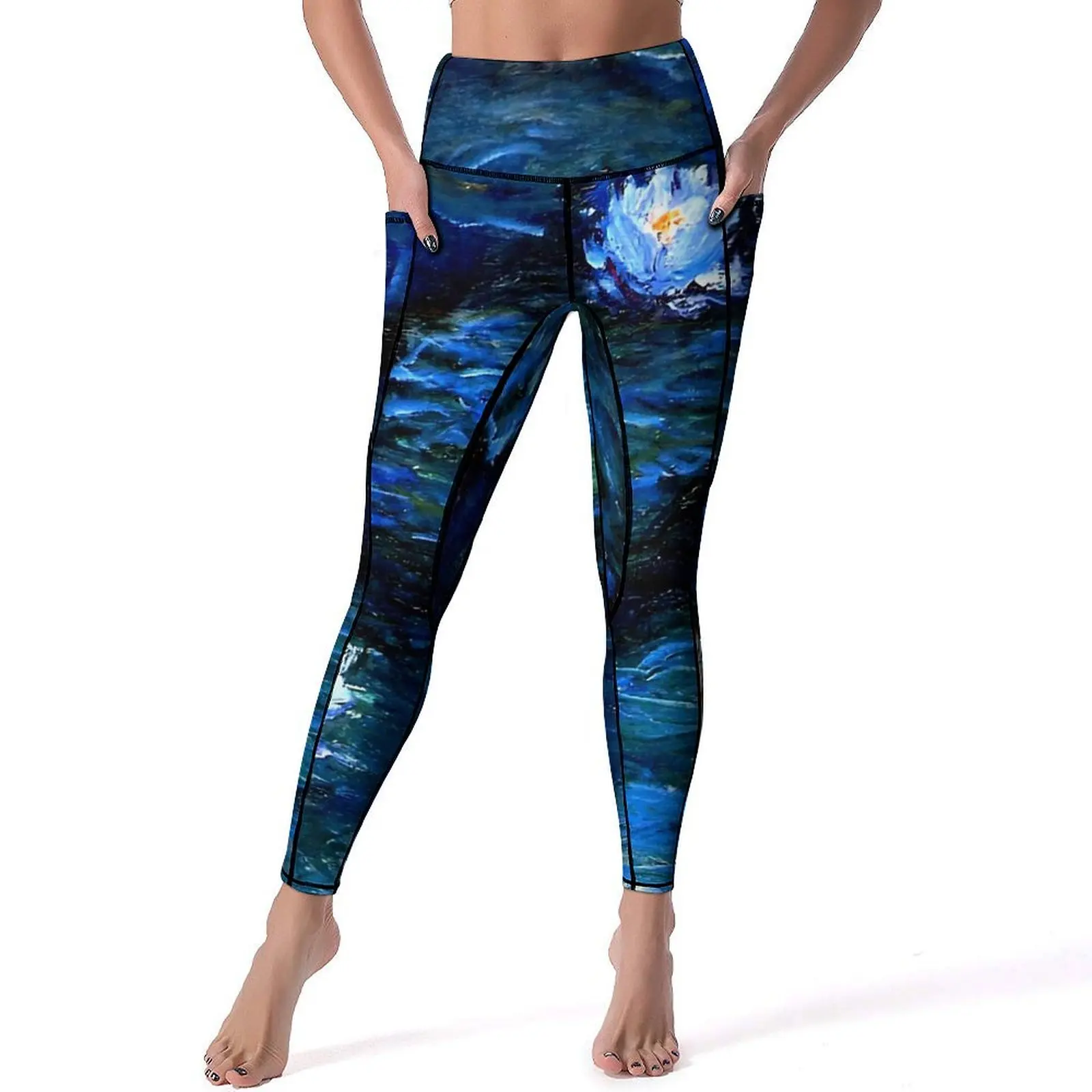 Oil Painting Leggings Sexy Water Lilies Monet Running Yoga Pants Push Up Stretch Sports Tights Pockets Cute Custom Leggins