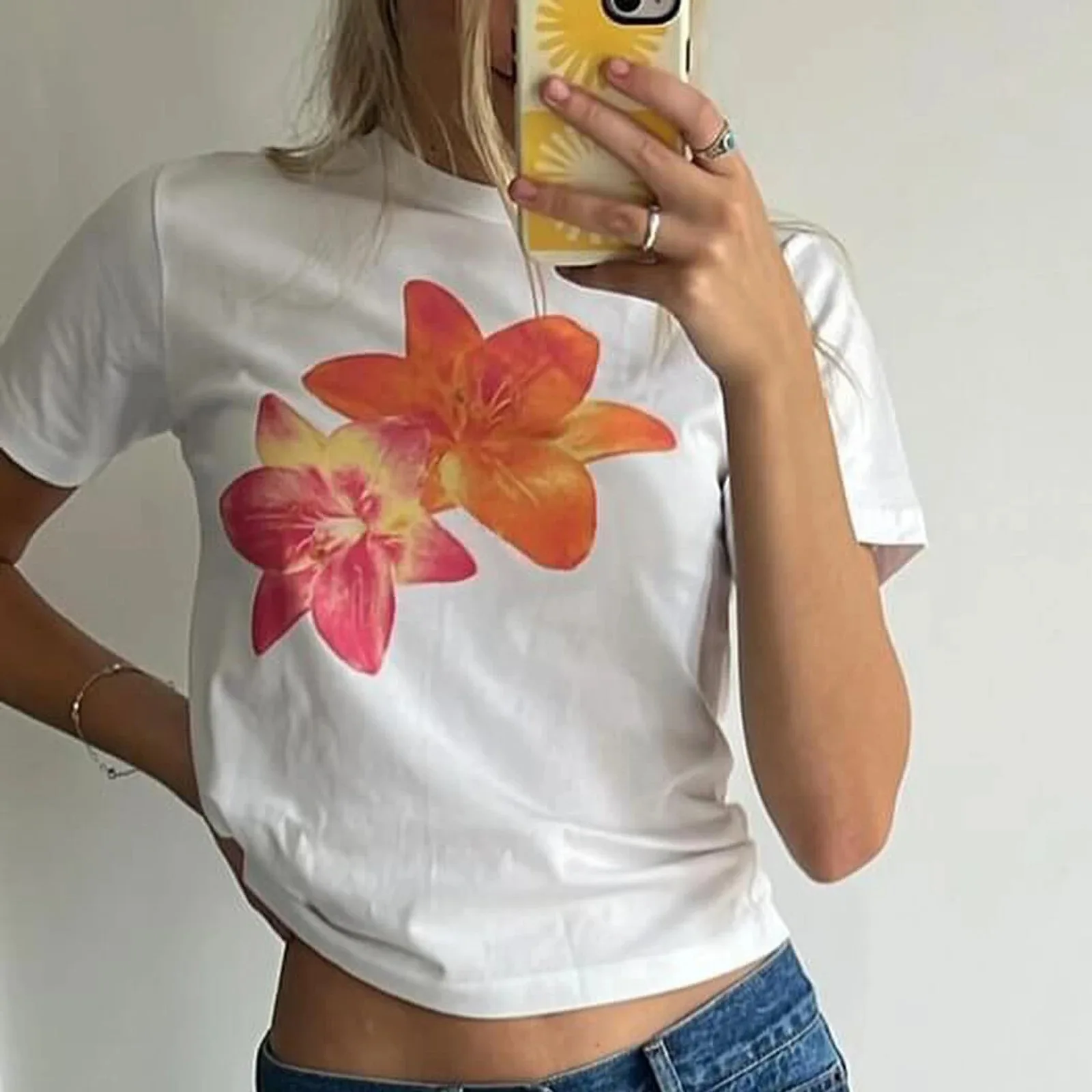 Complhasaki damskie 2K Vintage letnie casualowe T-Shirt Plus Size estetyczne gwiazdy/kwiatowy nadruk wycięcie pod szyją luźny Top sukienka typu