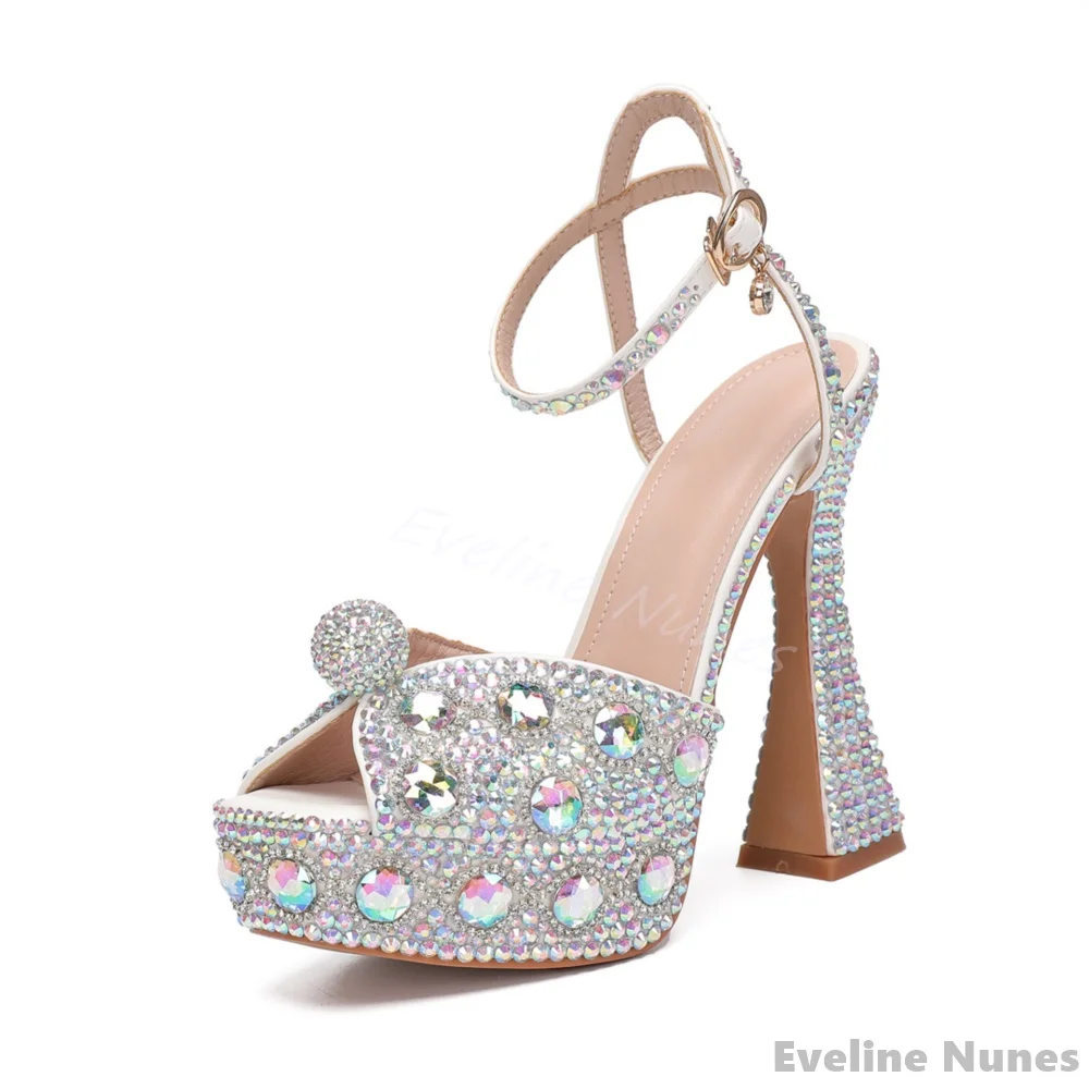 

Bling Bling Rhinestone Pearls Peep Toe Sandals Women Ankle Strap 14cm Chunky Heels Wedding Shoes 2024 Summer New Shiny Pumps