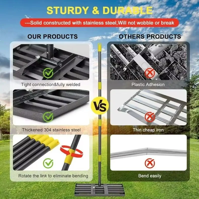 Factory Direct Compatible WithStainless Steel Lawn Leveling Rake Adjustable Handle Durable Construction Ground Leveler Heavy Dut