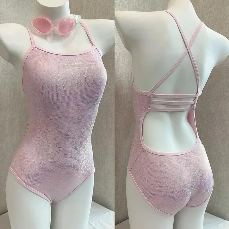 Premium Foreign-Style Pearl Powder One-Piece Triangle Racing Swimsuit for Women's Professional Sports