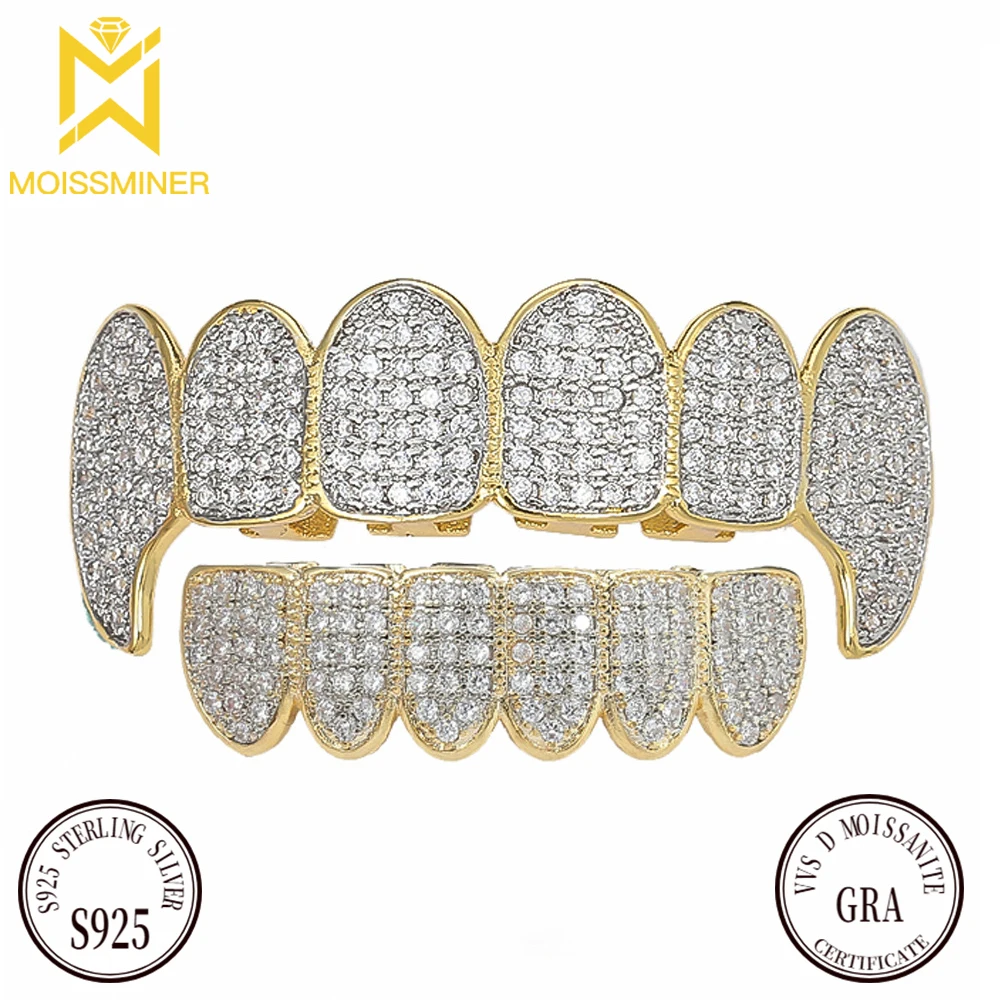 

VVS Moissanite Teeth Grills Silver S925 Silver Bling Tooth Grillz For Men Women High-End Jewelry Pass Test Free Shipping