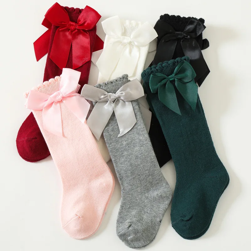 Baby Accessories Newborn Girls Socks Big Bow Cute Children Kids Girl Student Princess Socks Solid Color Stockings Cotton Clothes