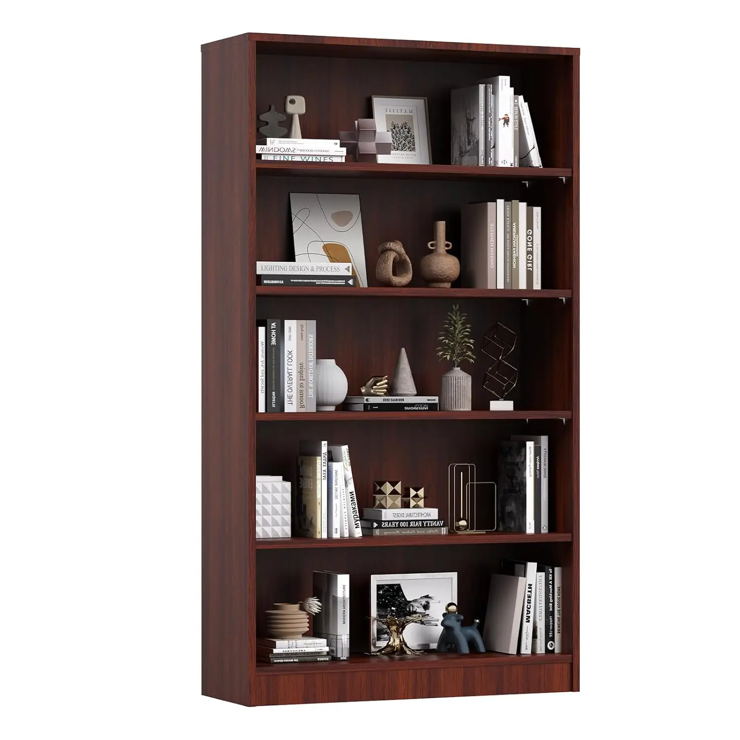 60 Inch 5-Shelf Wood Bookcase Adjustable Storage Organizer for Home Office Study Room, Mahogany, Customized