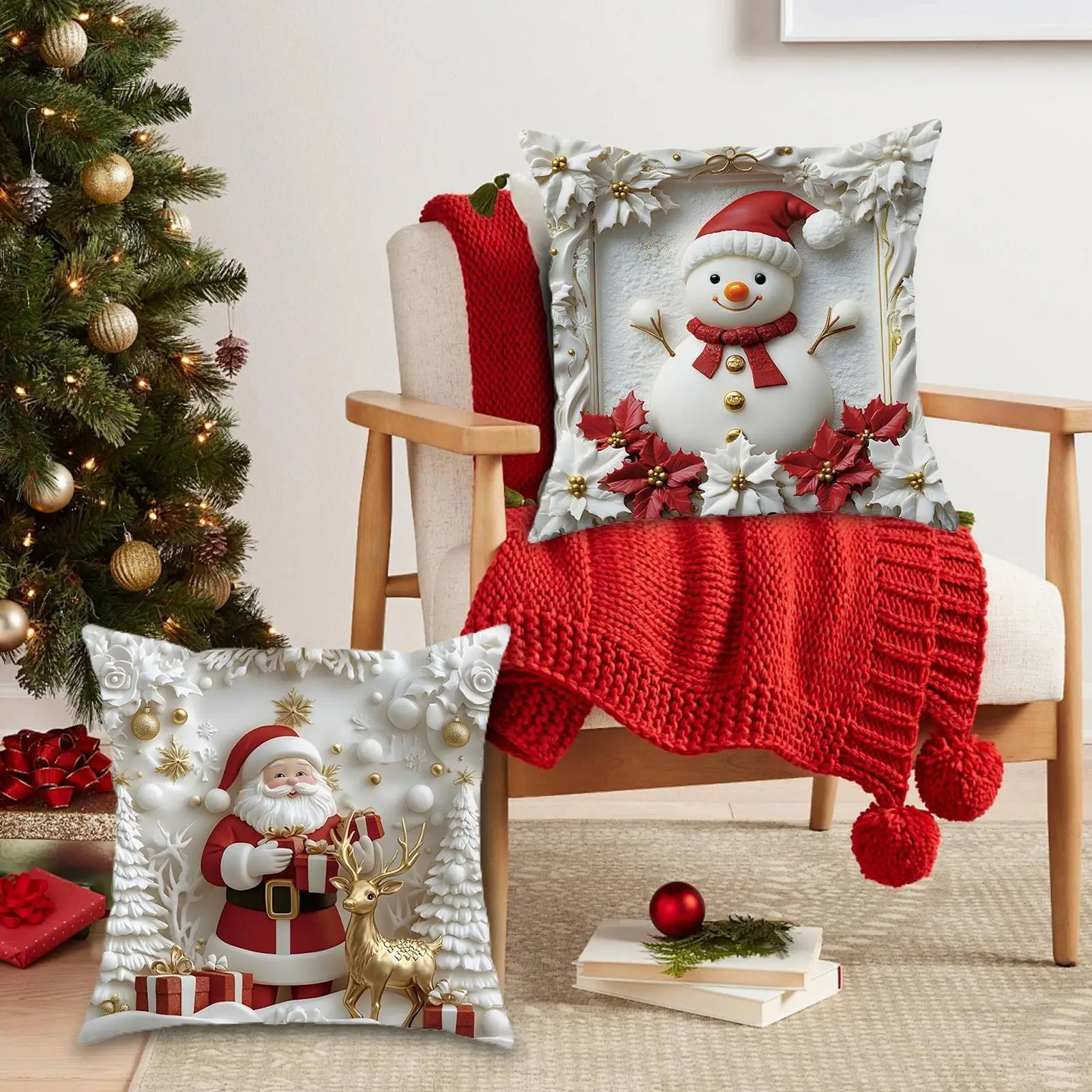 Christmas Decorative Pillow Covers 18x18inch Reindeer Santa Prints Decor 4 Pieces Christmas Pillow Cases For Friends Home Indoor