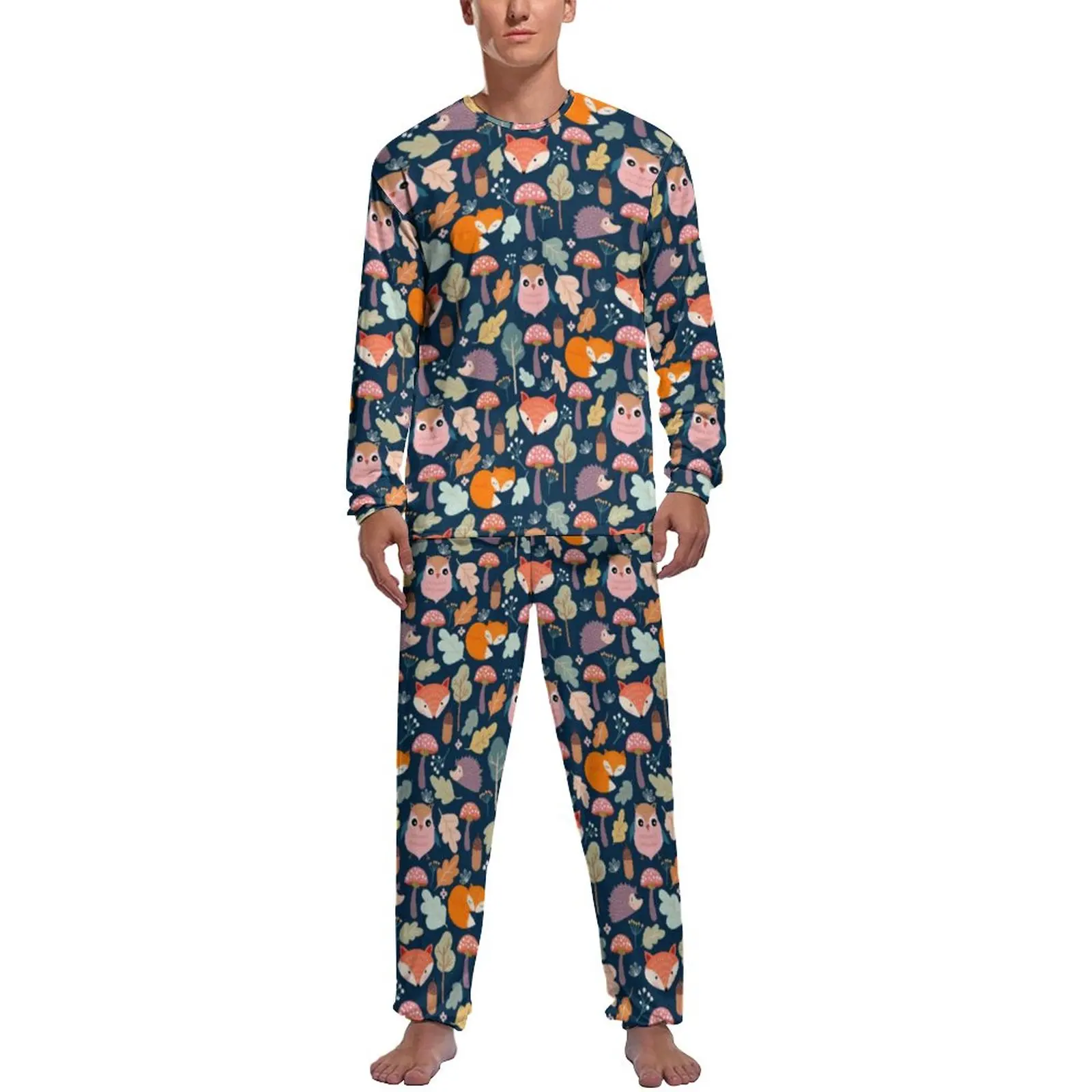 Owl Fox Print Pajamas Cute Fall Forest Print Mens Long-Sleeve Warm Pajama Sets 2 Piece Casual Daily Graphic Sleepwear Gift Idea