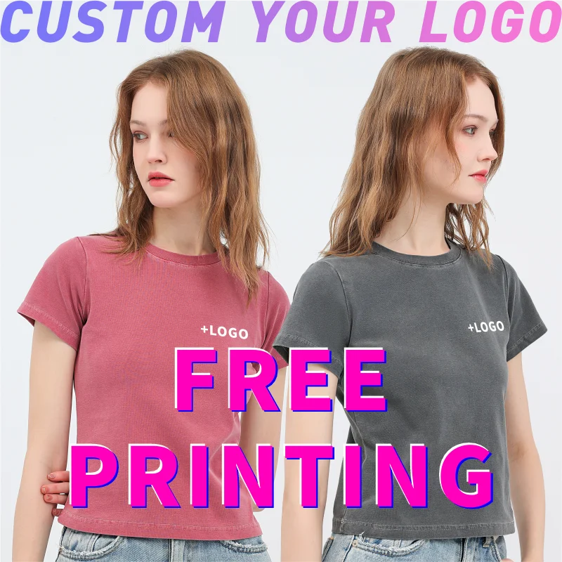 Customized T-shirts free printing logo images vintage washed Gradient Short sleeve Crewneck Skinny Summer Slim Fit Tee Womens