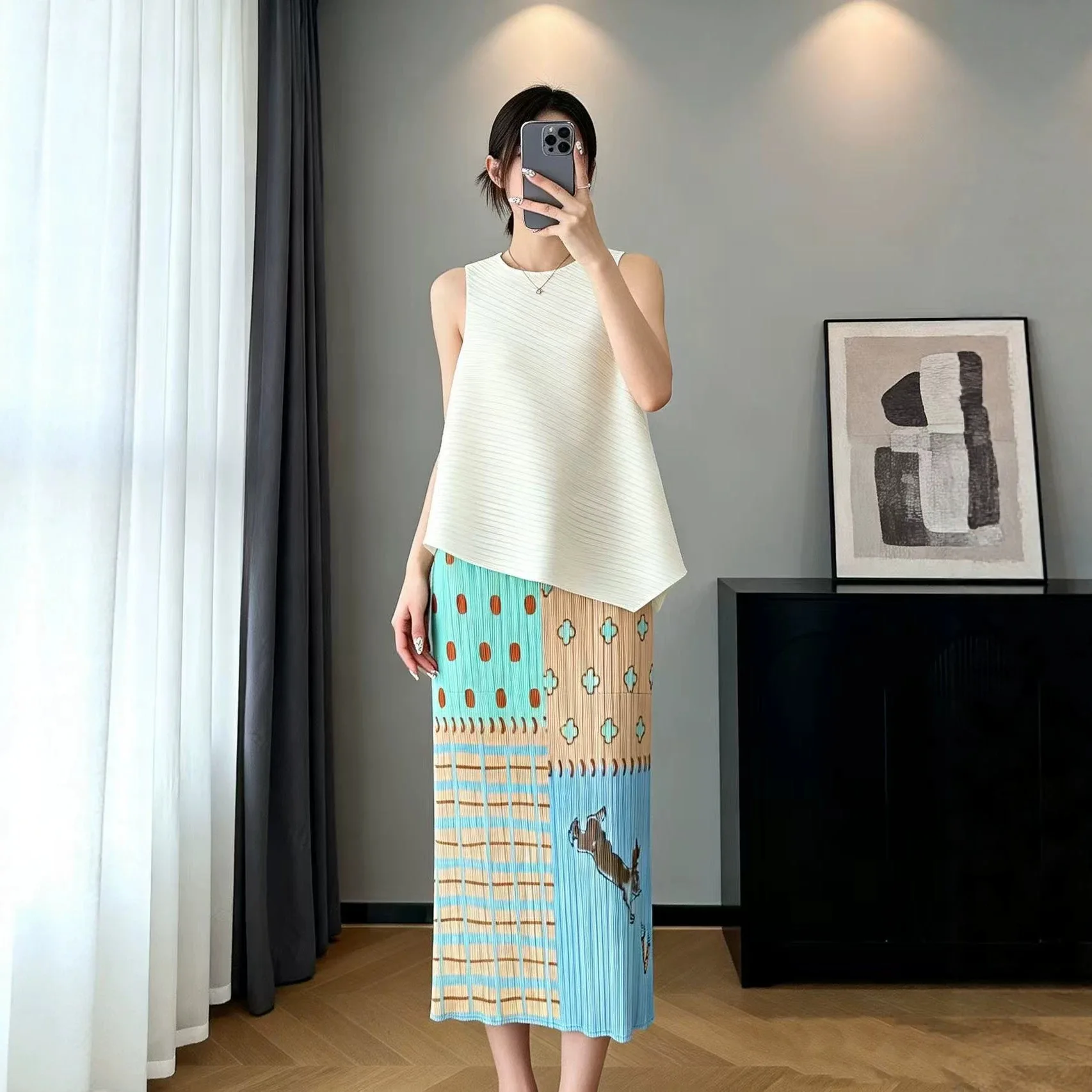 Miyake Colorblock Patchwork Design Printed Women's Pleated Skirt Elastic Waist Slimming Straight Skirts Summer New