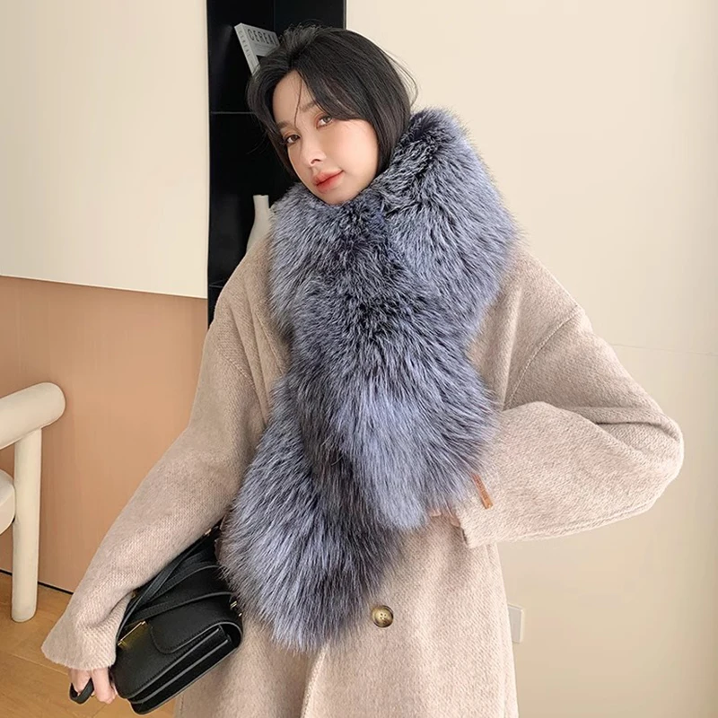 Winter new whole fur Fox big scarf long hair collar silver fox real fur shawl clothing accessories fluffy warm neck