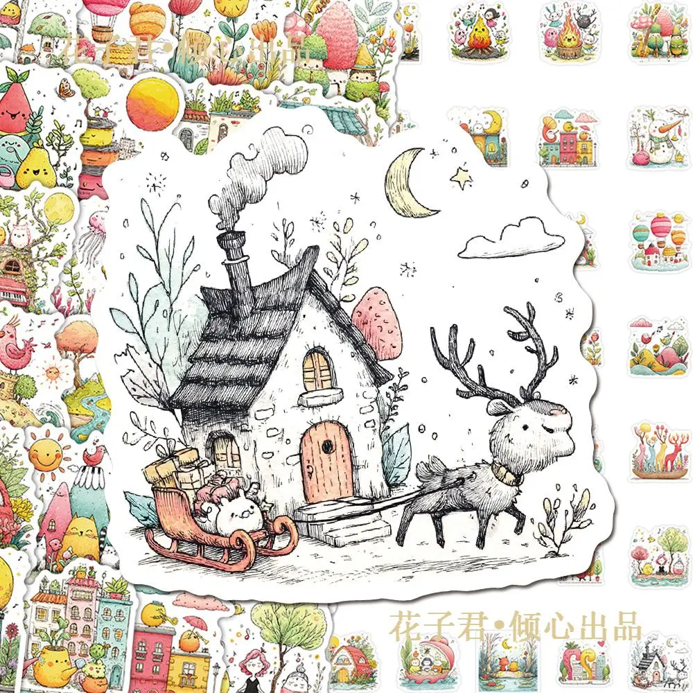 60pcs Kawaii Healing Illustration Stickers Cute Cartoon Scene Decals for Journaling Scrapbooking Notebook Personalized Decor