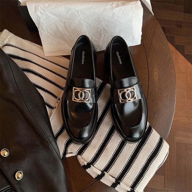 Fashion Punk Style Cow Leather Black Single Shoes Thick Platform Soft Sole Round Toe Comfort Low Top Casual Female Loafers