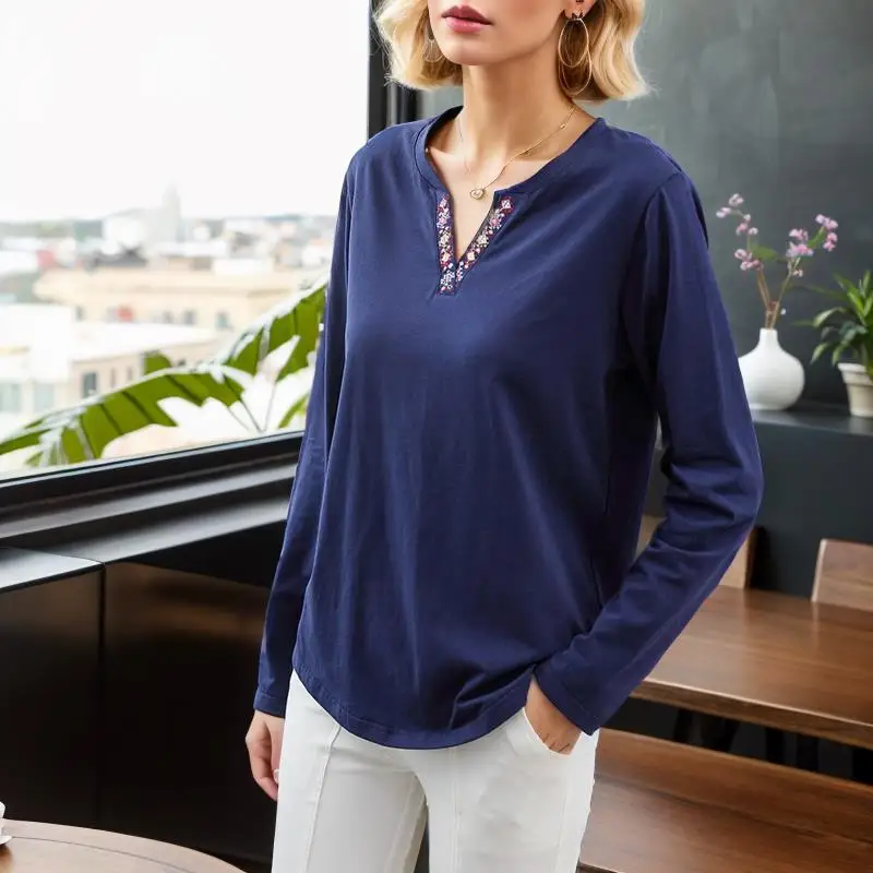 2024 Spring New Fashion T Shirt Woman V Neck Long Sleeve Plus Size T-shirt Woman European Style Shirt Oversized Women Shirts