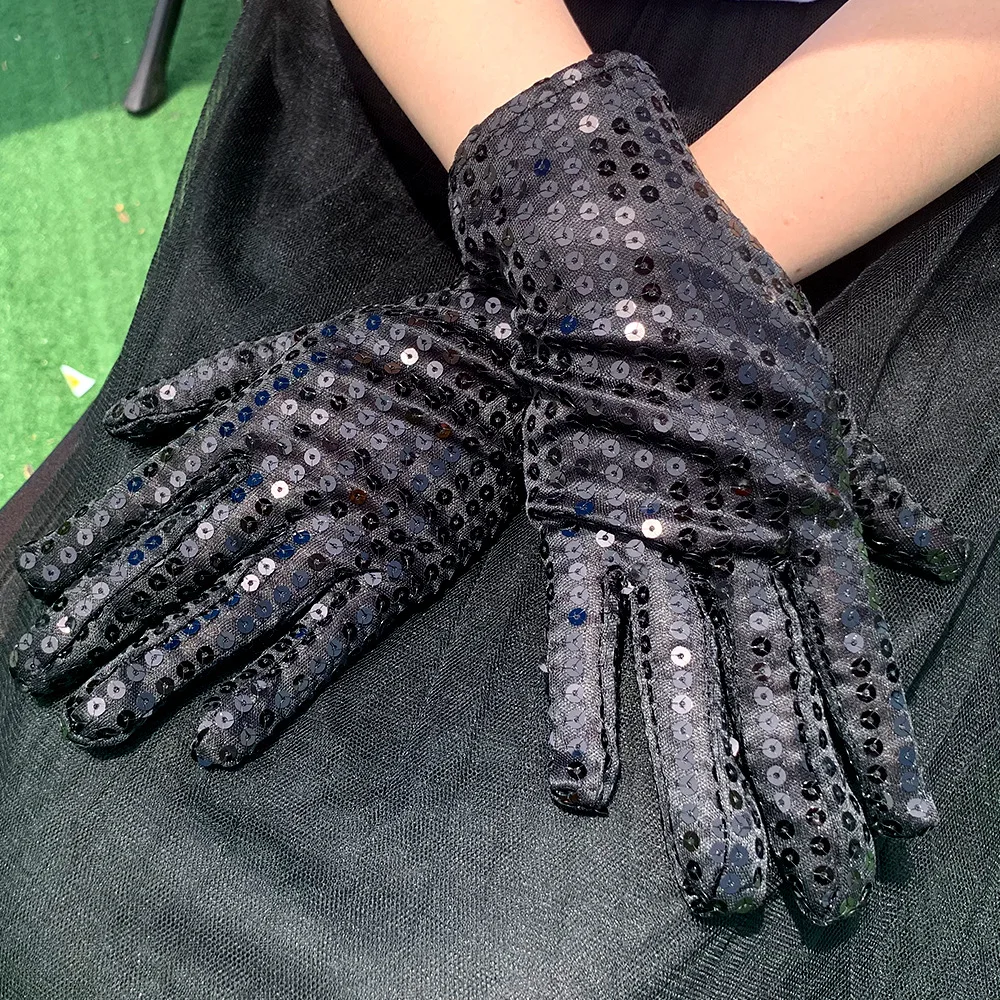 Silver Sequin Stage Performance Gloves for Dancing Cosplay Futuristic Graduation Accessories