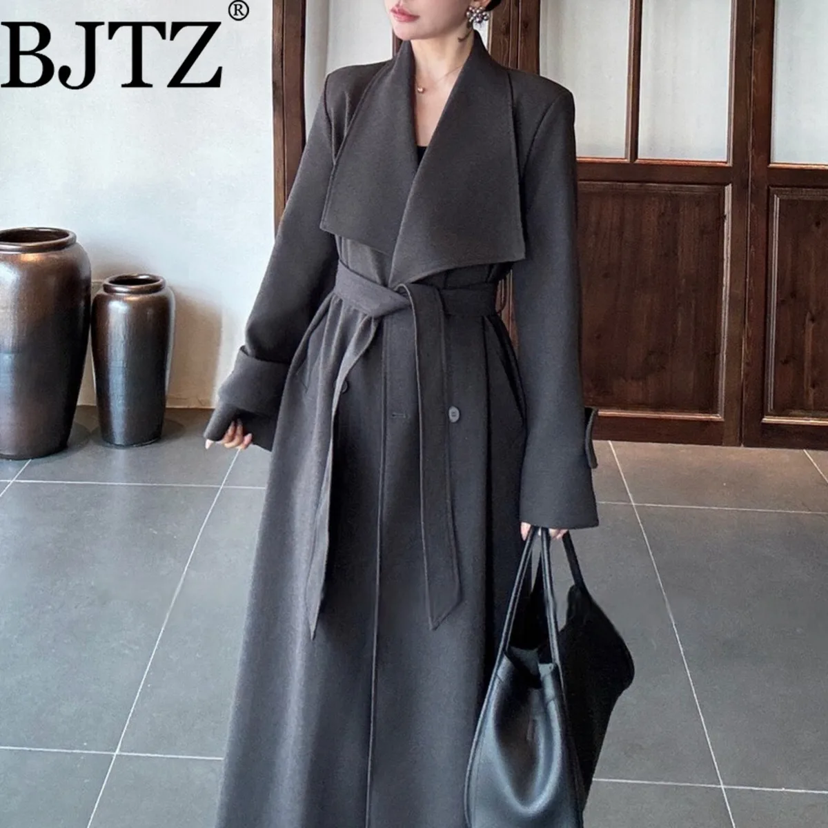 

BJTZ Women’s 2025 Winter Brushed Thickened Trench Coat Longline Belted Waist Wide Lapel Elegant Overcoat Office Casual Outerwear