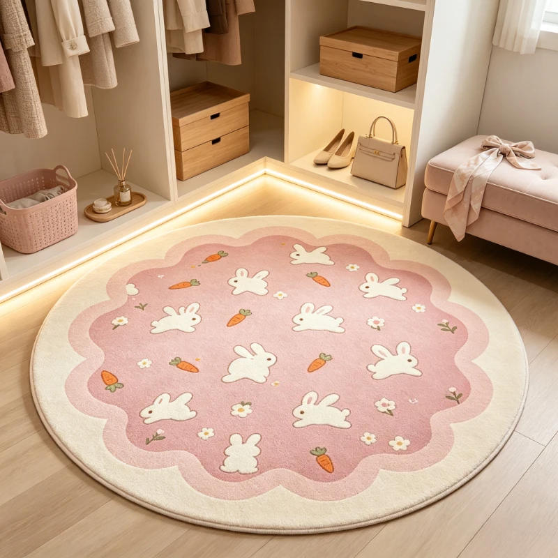 [2D Flat]White Rabbit Carrot Round Bedroom Bedside Carpet Cartoon Flower Rabbit Living Room Floor Mat Cream Style Ins Cloakroom Leisure Area Carpet Home Decoration Study Terrace
