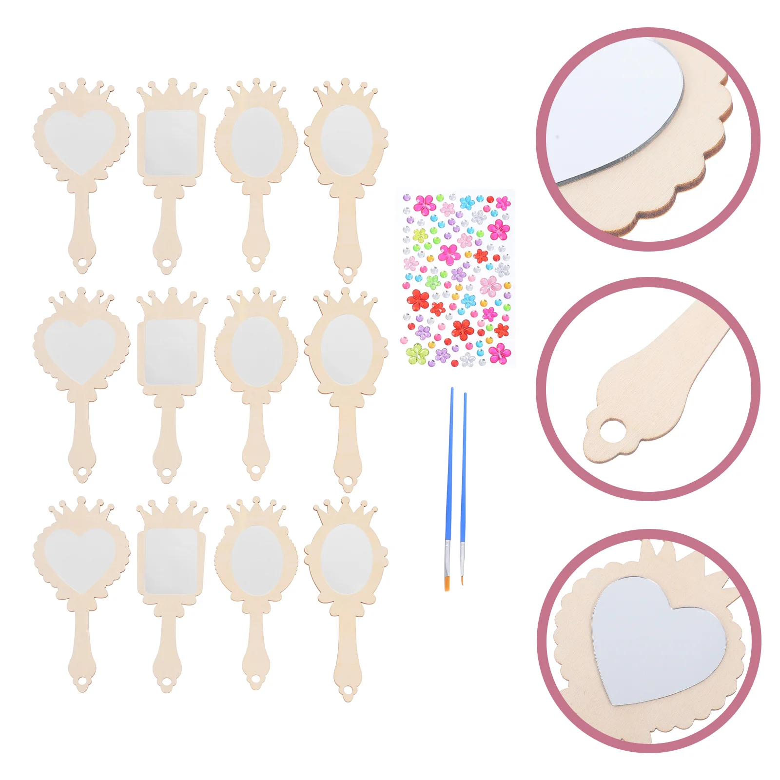 1 Juego de espejos de madera artesanales para niños, bricolaje, tus propias espejos de princesa para niñas, pintura de espejo de mano de madera, espejo de madera diy