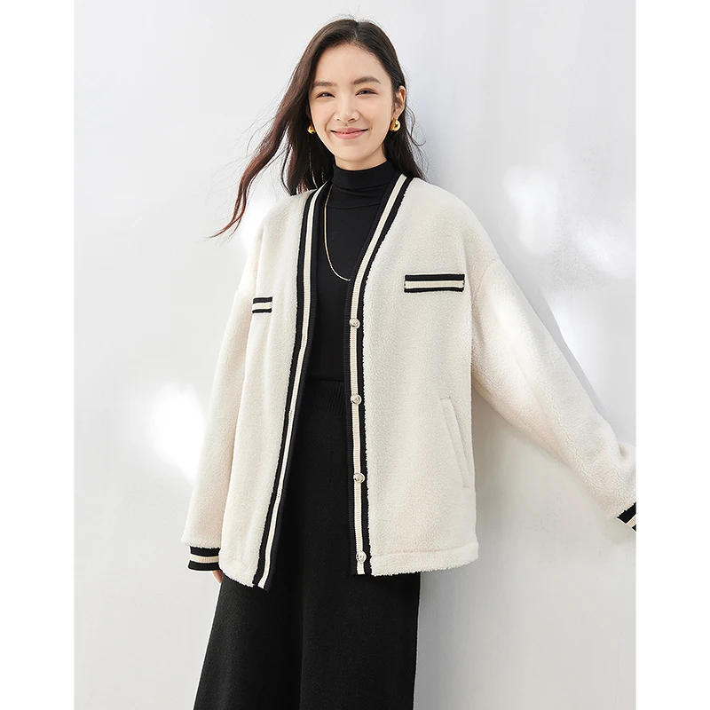 Toyouth Women Plush Cardigan 2023 Winter Long Sleeve V Neck Loose Thick Coat Contrasting Selvage Elegant Cotton-padded Clothes