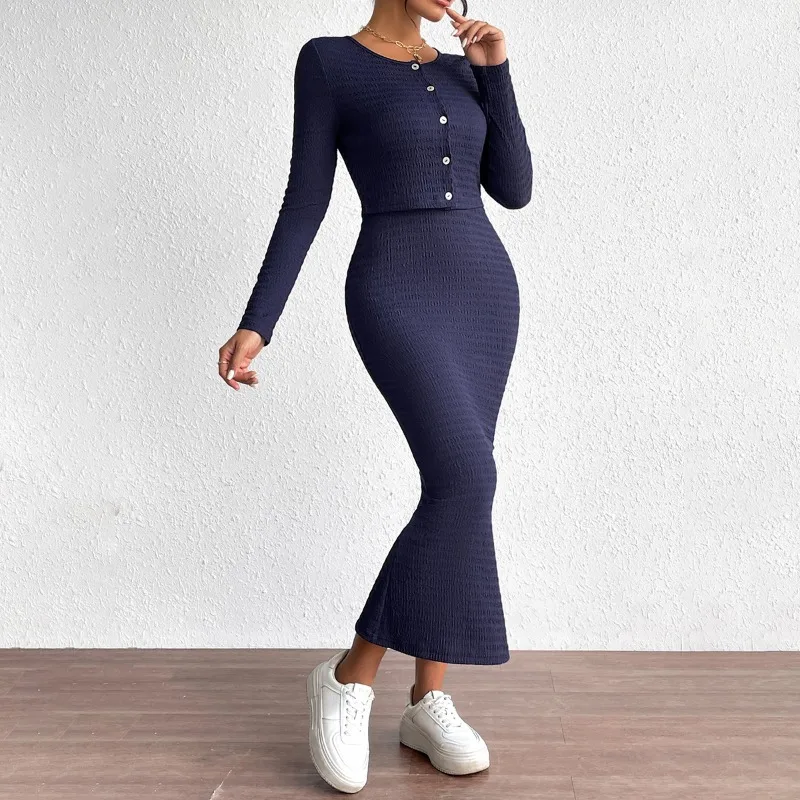 Damen elegante Röcke Set Herbst & Winter Temperament Pendeln Langarm Top Split Kleid zweiteilige Anzug Outfits für Frauen