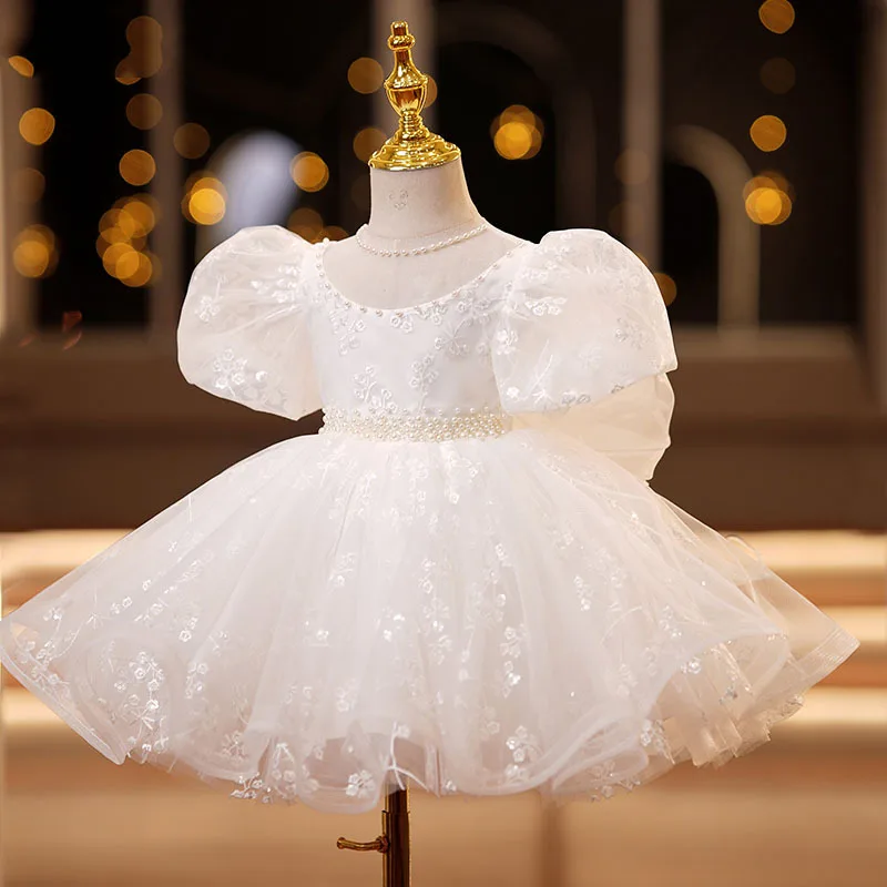 Chridren\'s Princess Dress for 1-14 Year Old Flower Kid Wedding Elegant White Party Gown Baby Girl Piano Performance Dress Spring