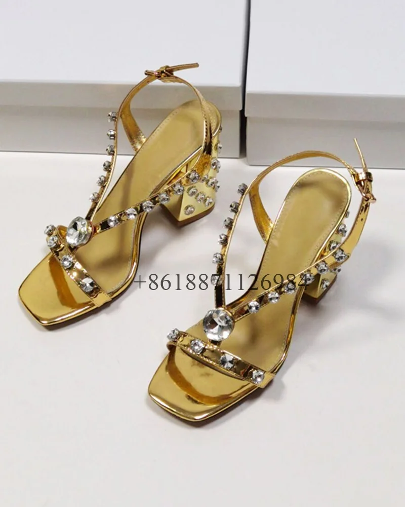 

Genuine Leather Square Toe Summer Women Sandals With Rhinestone Chunky Middle Heels Buckle Strap Design Large Size Shoes