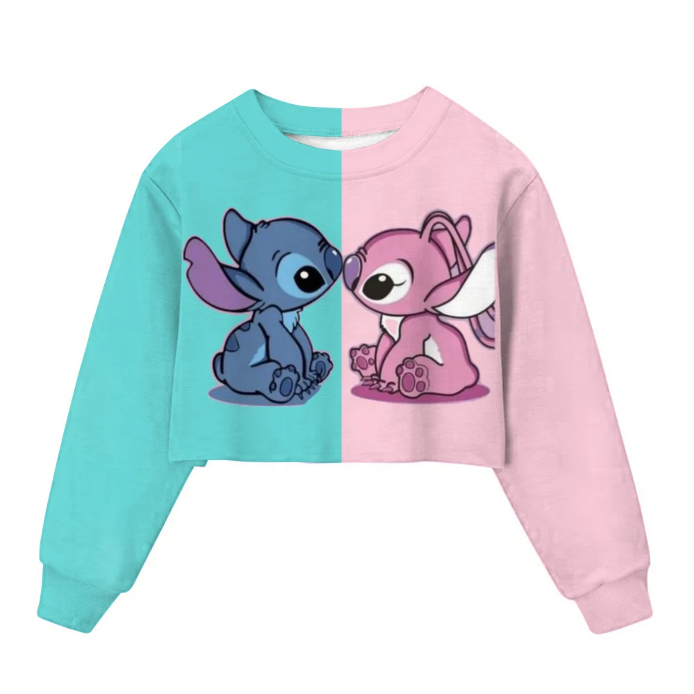 Lilo Stitch-Sudadera teñida con lazo para niña, jersey corto con cuello redondo, ropa deportiva para niño, ropa de otoño de manga larga con bonitos dibujos animados para niño