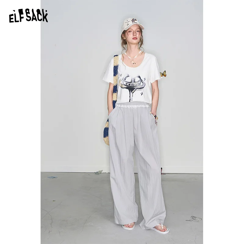 Elfsack 2025 春の新着 Y2K レースステッチハイウエストパンツ女性固体弾性ウエスト薄型ワイドレッグパンツ