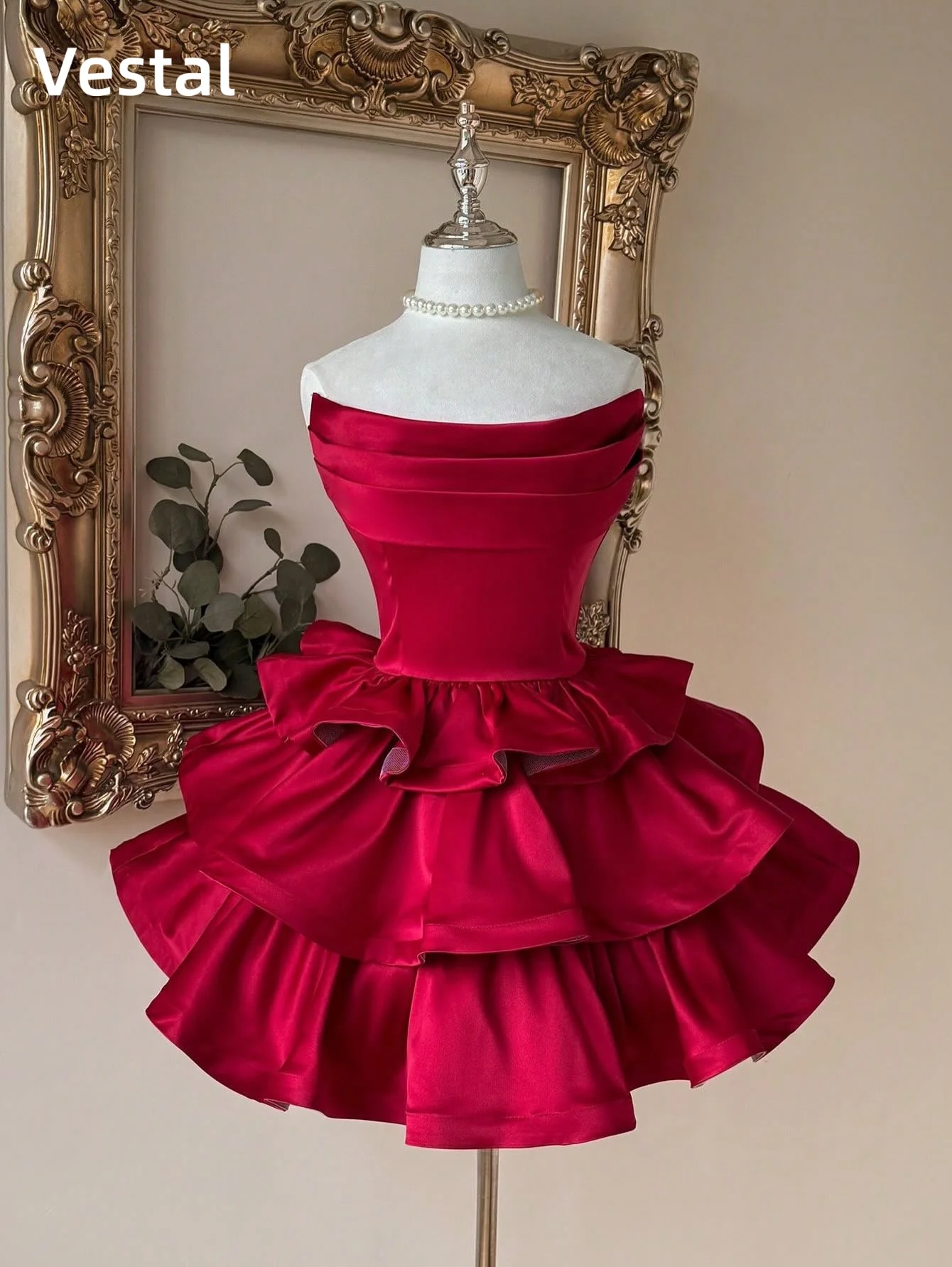 

Red Strapless Satin Homecoming Dress with Tiered Ruffle Skirt Pleated Prom Dress Birthday Cocktail Party Gown Customized