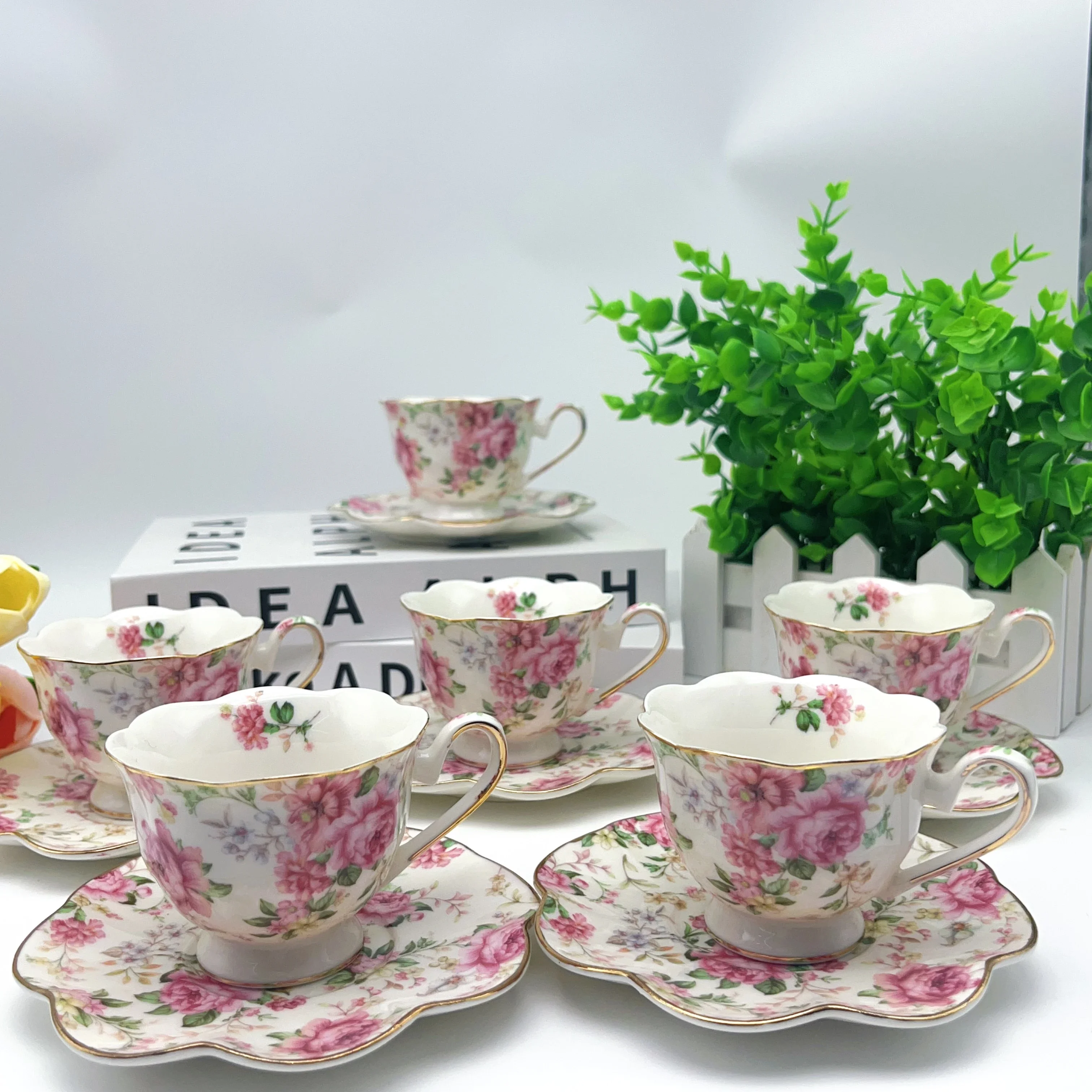 Pink Floral Espresso Cup and Saucer Set with Lace Rim, Italian & English Style, 90ml, 6 Sets with Gift Box