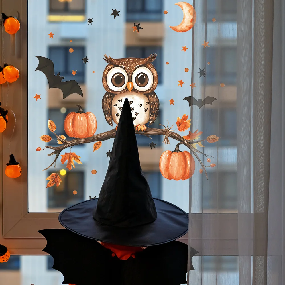 New Creative Owl Pumpkin Maple Leaf Static Window Stickers Store Home Decoration Double Sided Visual Stickers Removable